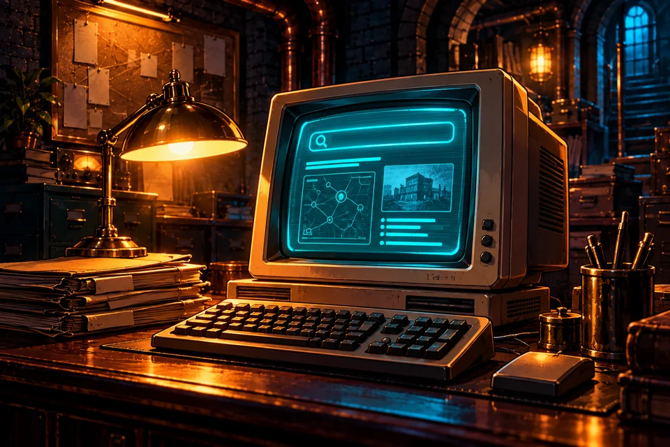 A glowing teal research terminal in the underground lair.