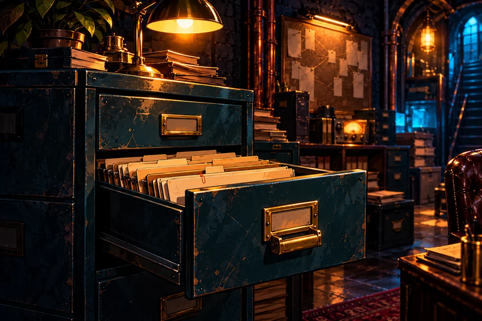 An open steel filing drawer full of evidence folders.