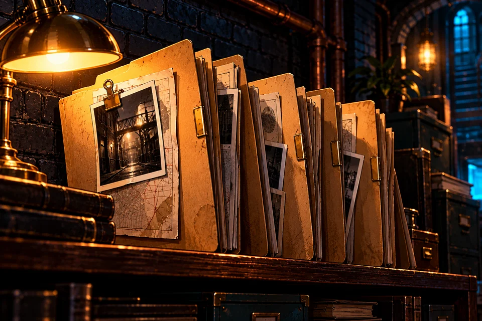 Manila investigation folders on a wooden shelf.