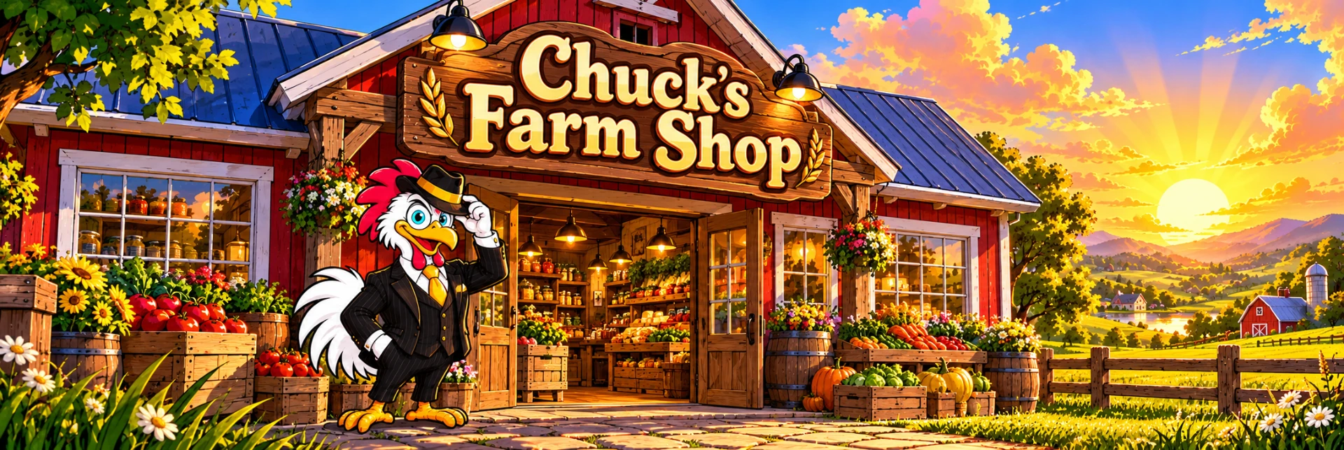 Chuck the rooster, in a pinstripe suit and hat, tipping his hat outside a red farm shop under a wooden sign reading Chuck’s Farm Shop