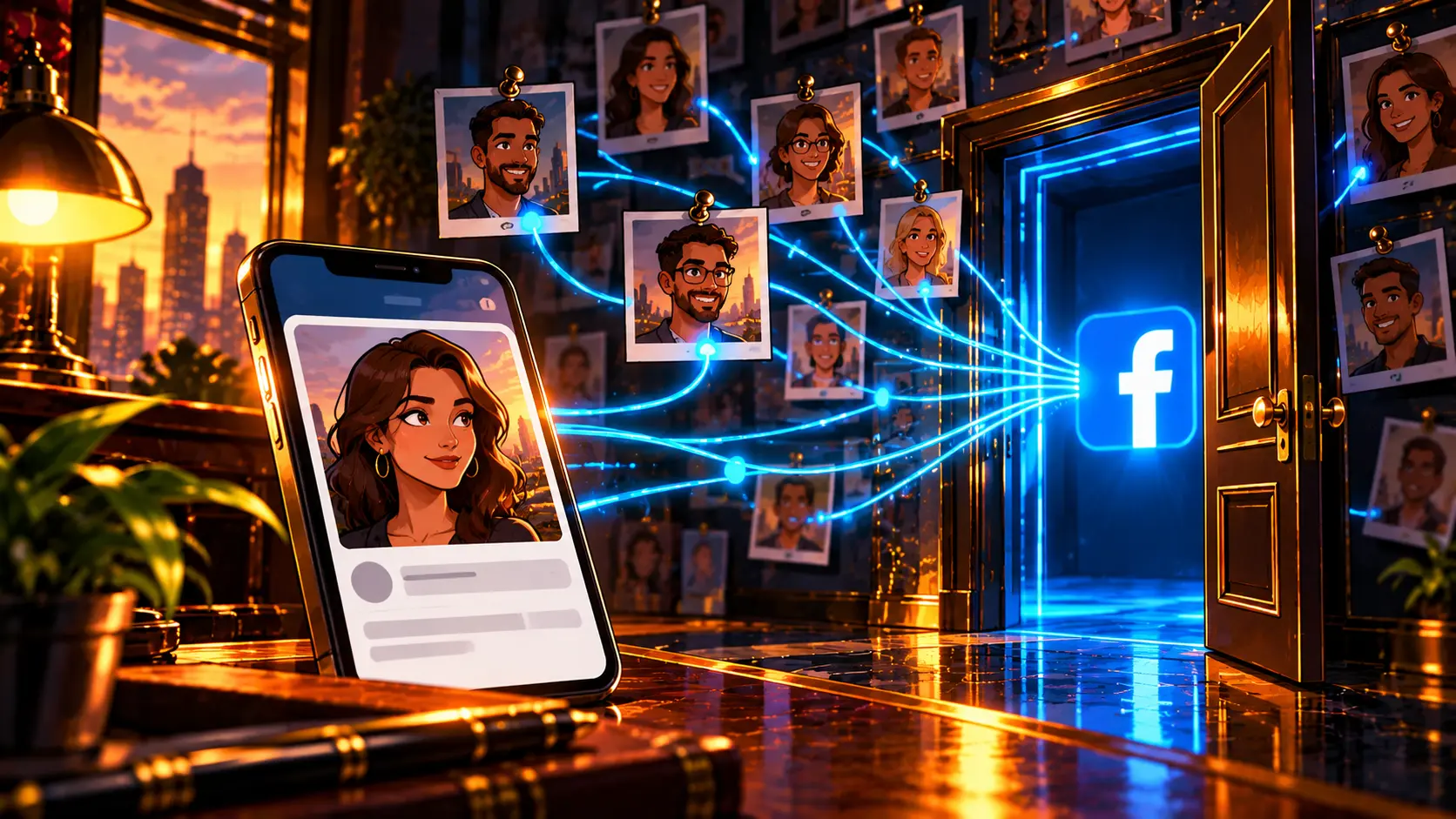 Editorial illustration: a social graph feeds connected profiles through a blue doorway.
