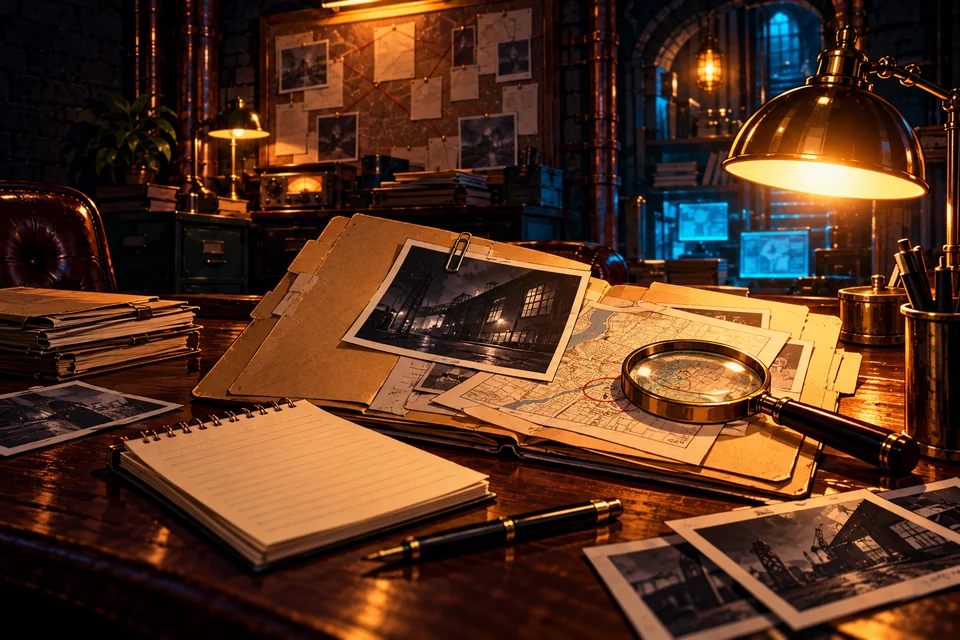 An unfinished case folder and magnifying glass on a desk.