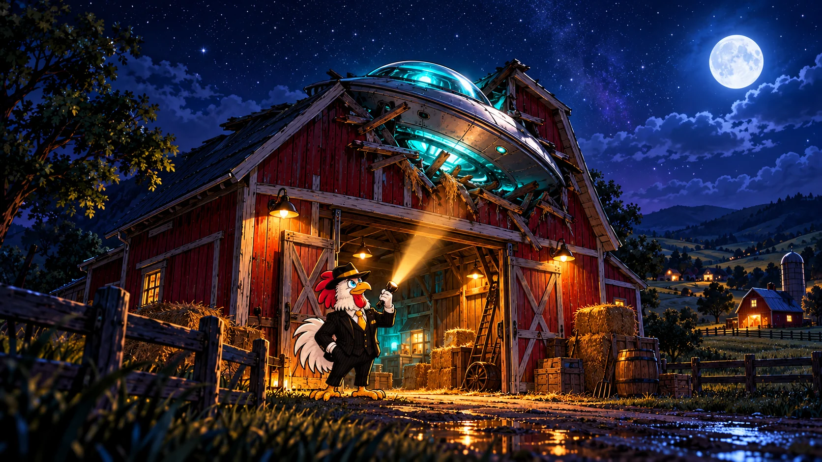 Illustration: Chuck the rooster, in a pinstripe suit and fedora, shines a torch from the doorway of a red timber barn at night, with an illustrated silver flying saucer wedged through its roof under a full moon.