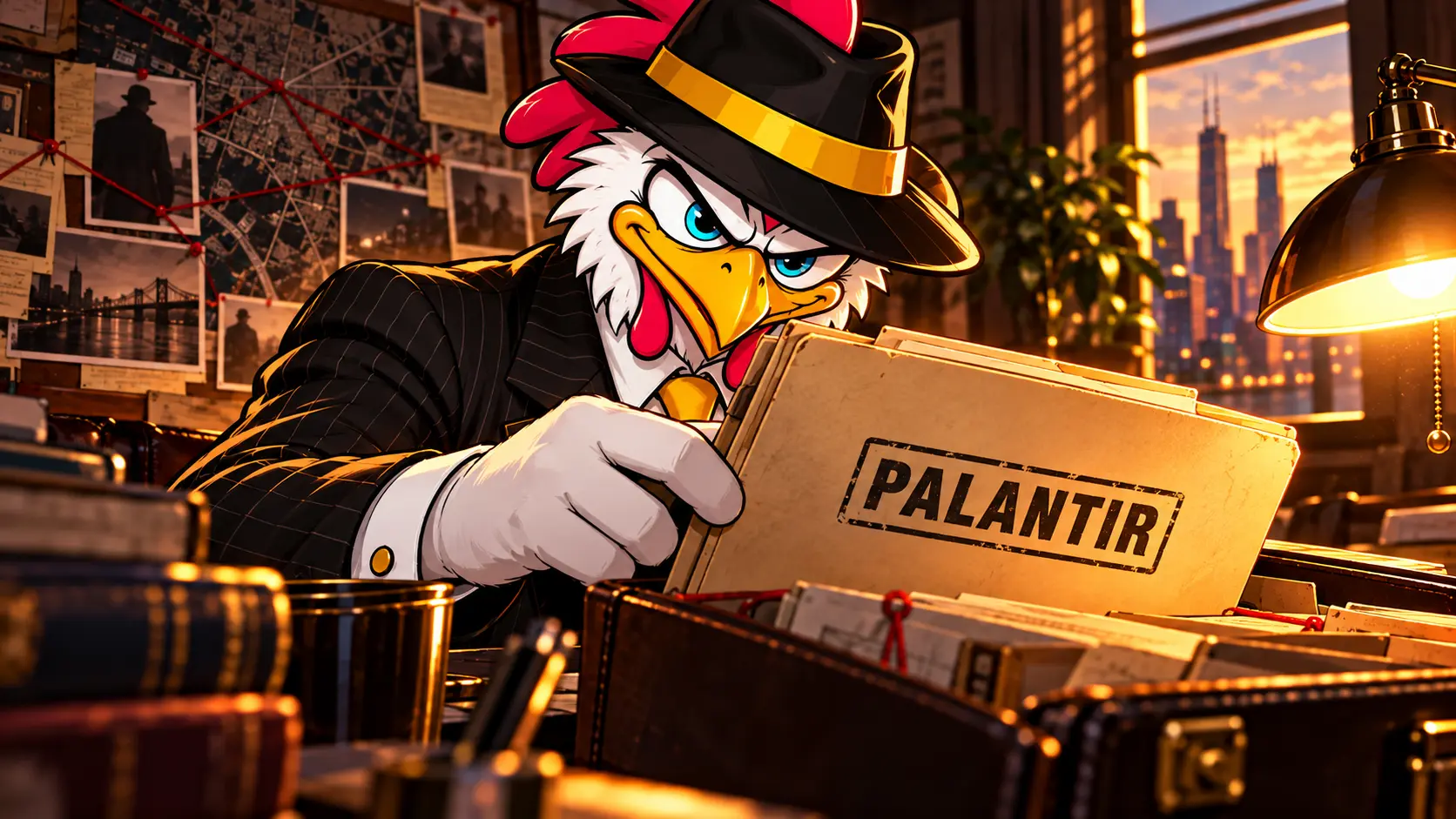 Editorial illustration: Chuck opens a Palantir folder at his investigation desk.