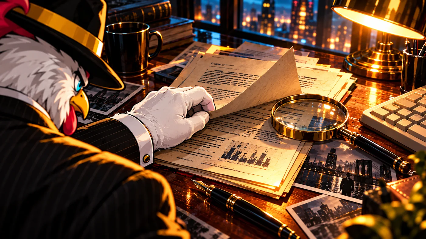 Chuck's feathered hand turns a research-paper page beside a magnifying glass.