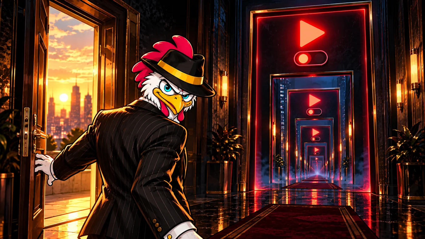 An illustrated corridor of successive videos represents automatic continuation.