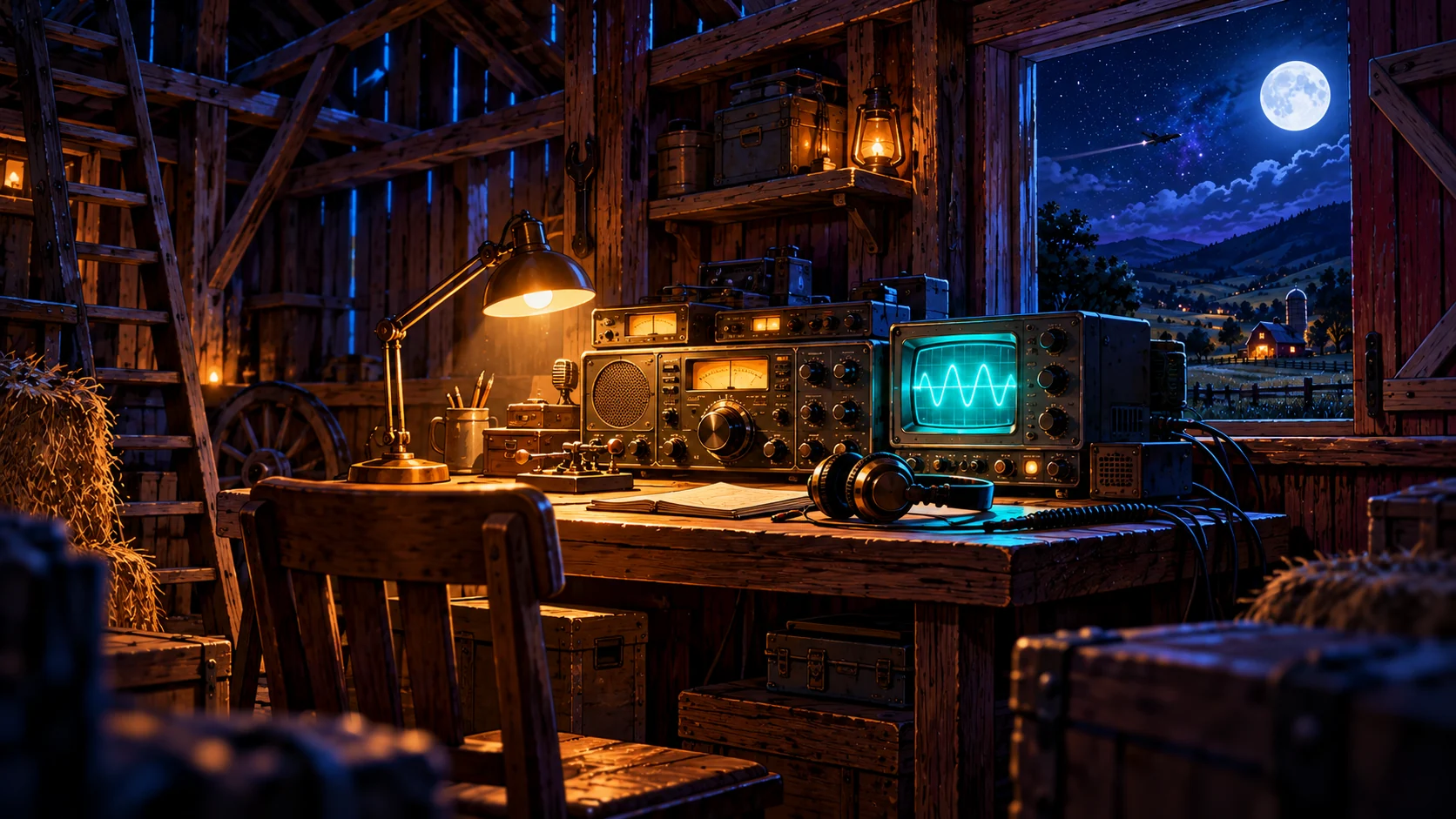 Illustration: a night-time radio station with dials, headphones and a glowing oscilloscope on a wooden desk.