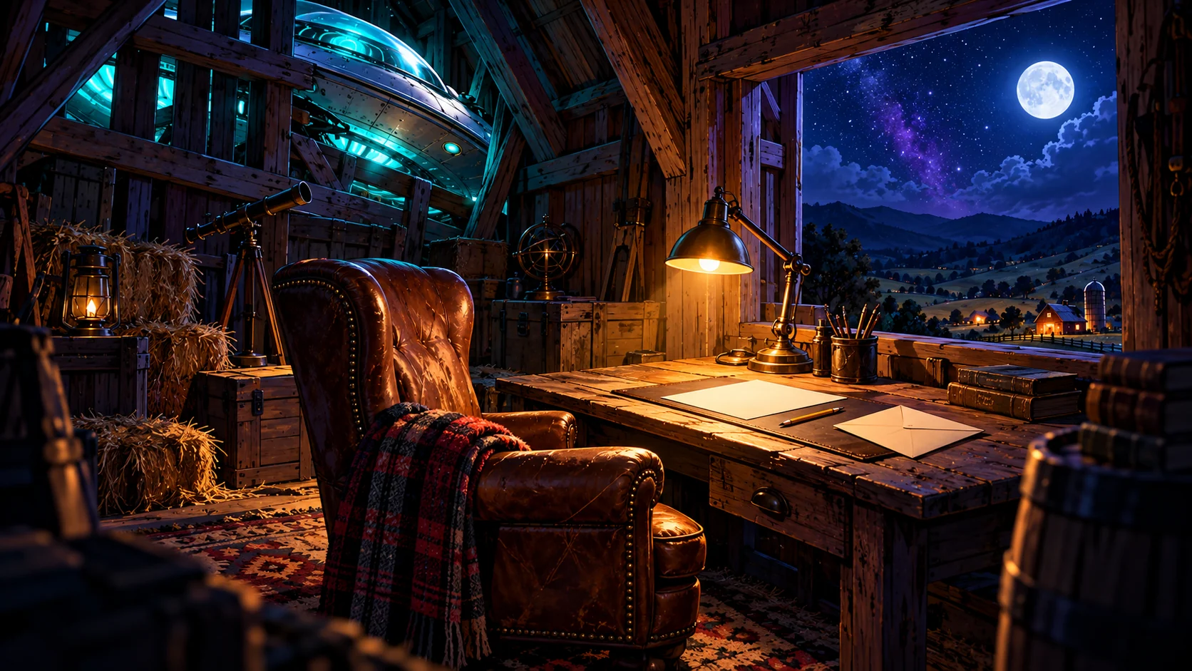 Illustration: a quiet room with a chair and a desk holding a pencil and envelope, beneath a window full of stars.