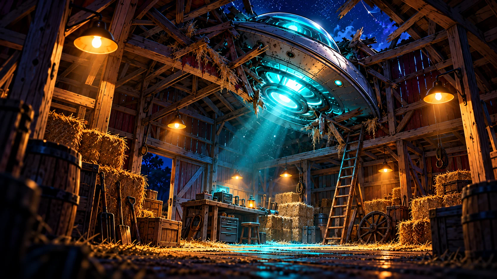 Illustration: inside a lantern-lit barn, the glowing underside of an illustrated flying saucer hangs above hay bales and timber beams.