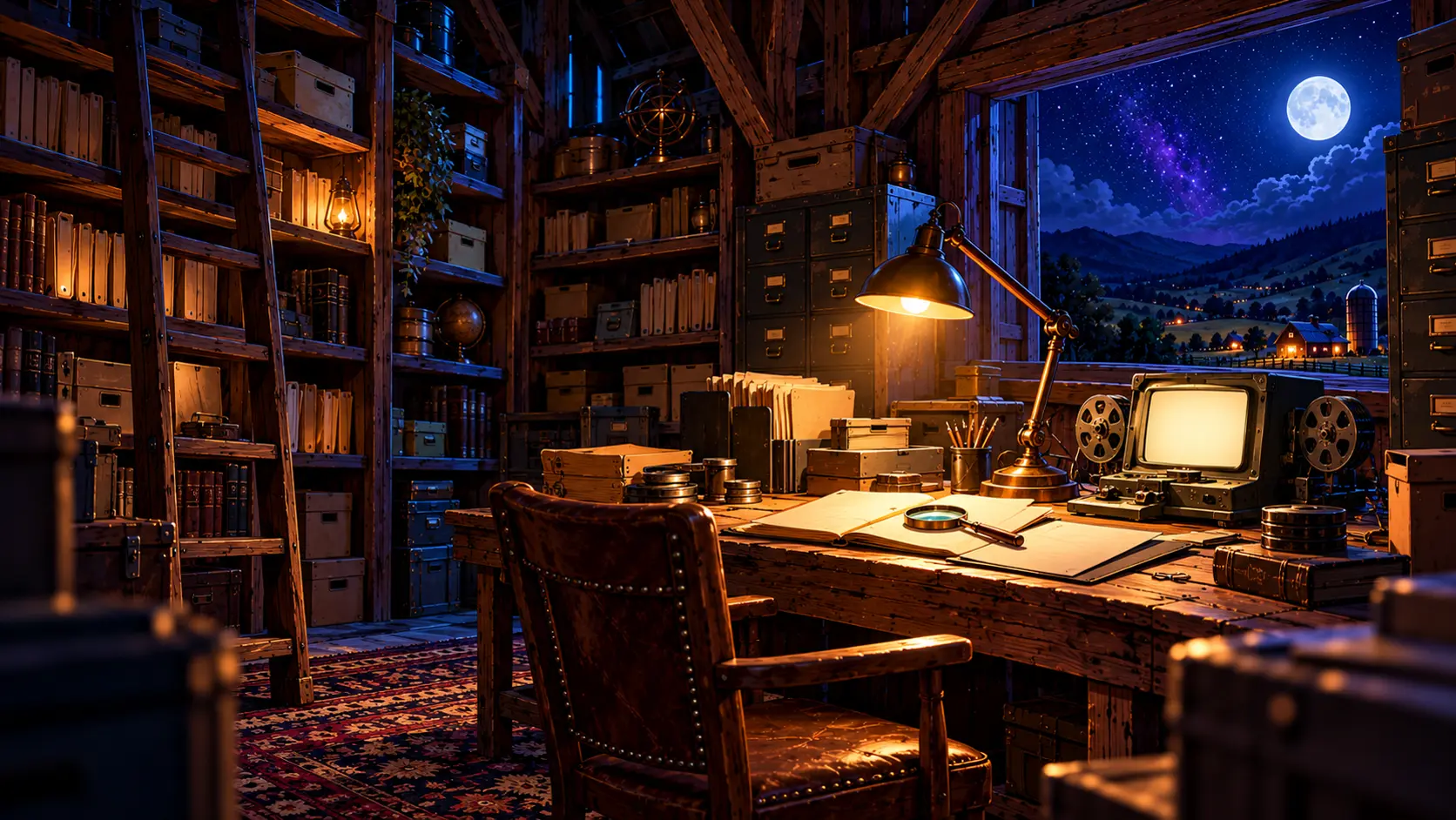 Fictional illustration: a moonlit timber archive with shelves of folders, filing drawers, a microfilm reader and a lamp-lit research table.