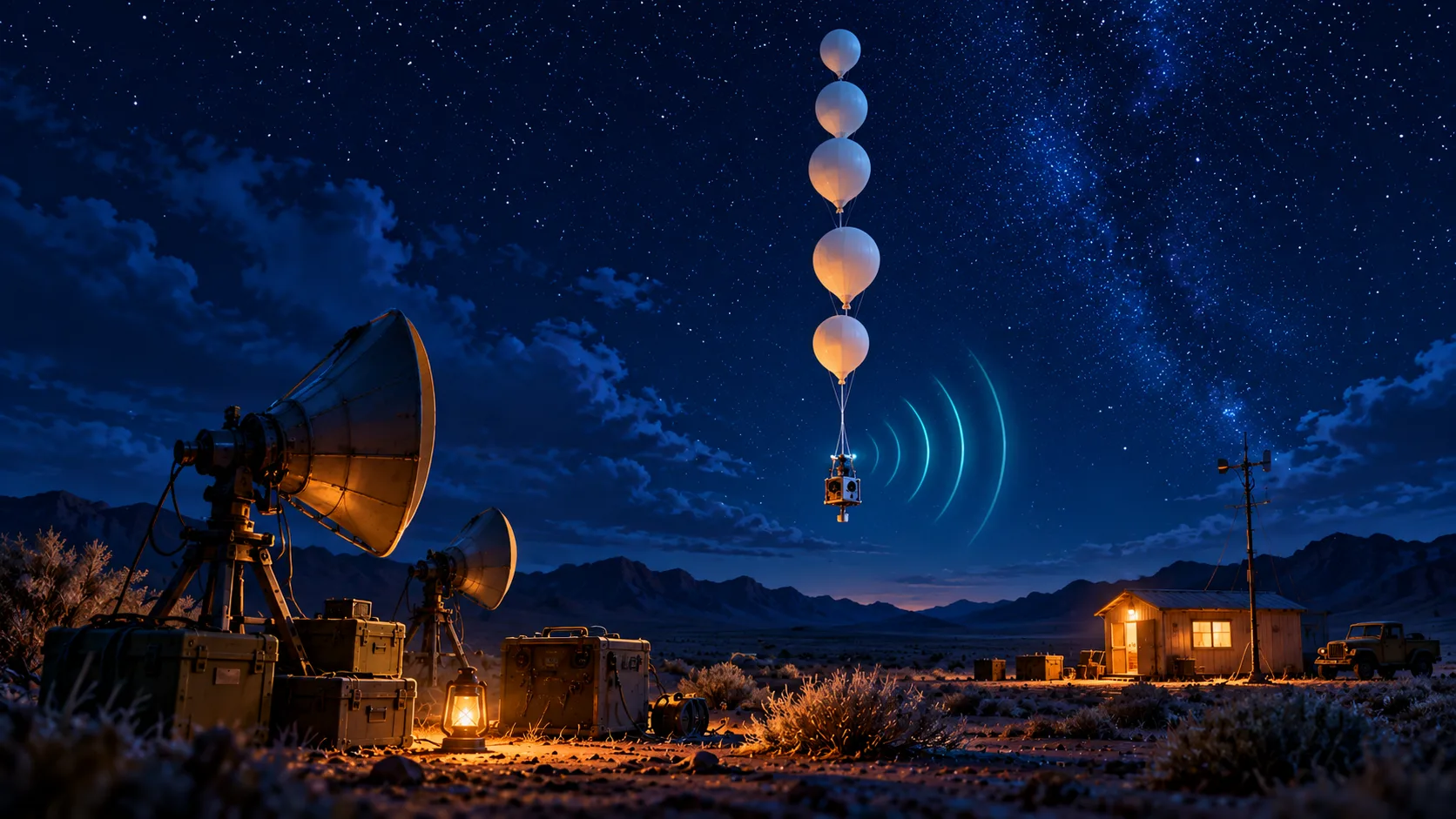 Concept illustration: a string of high-altitude balloons carrying instruments above the desert at night, with symbolic cyan sound-wave arcs.
