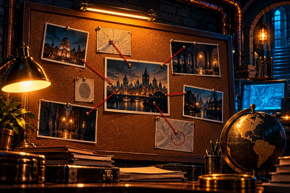 Photographs and red strings pinned to a cork investigation wall.