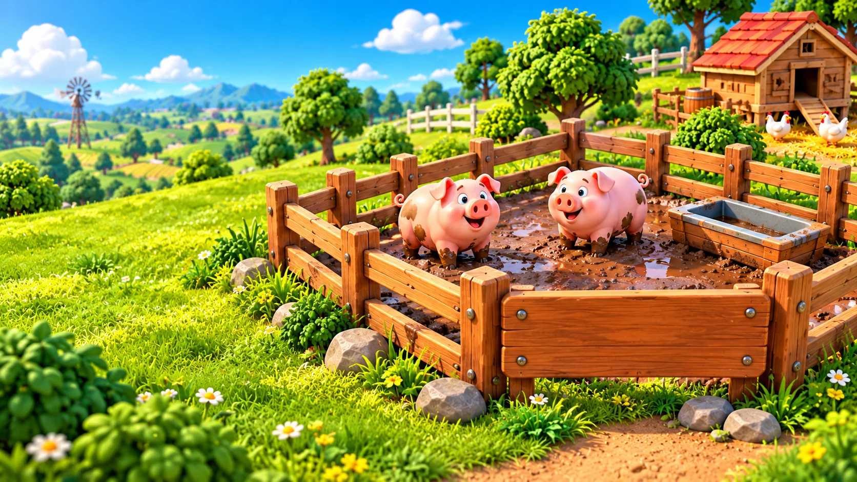 Fictional farm illustration: two cartoon pigs in a wooden pen with a blank sign, on a sunny lawn.